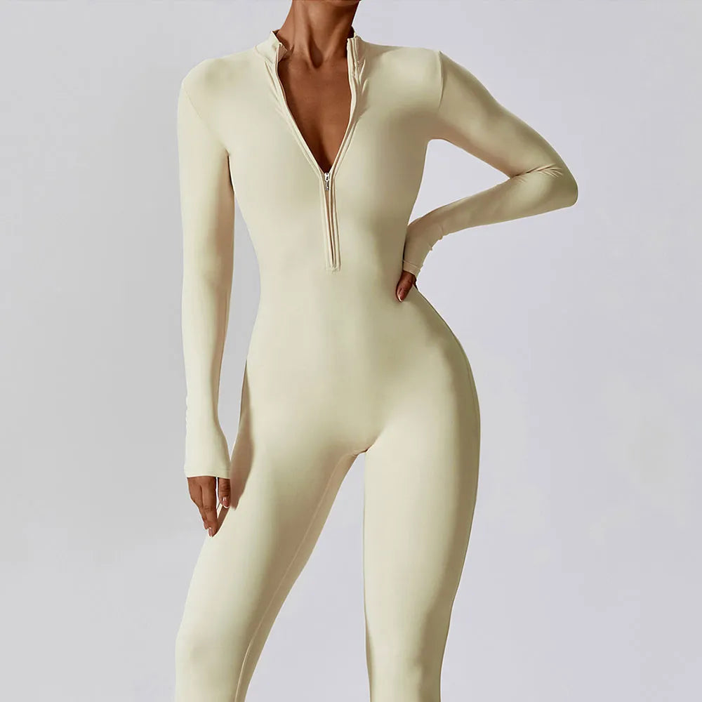 Women's Long Sleeve Yoga Jumpsuit - Zip Front Workout Bodysuit