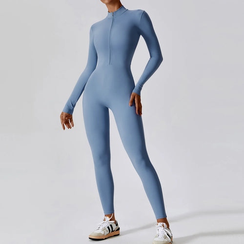 Women's Long Sleeve Yoga Jumpsuit - Zip Front Workout Bodysuit