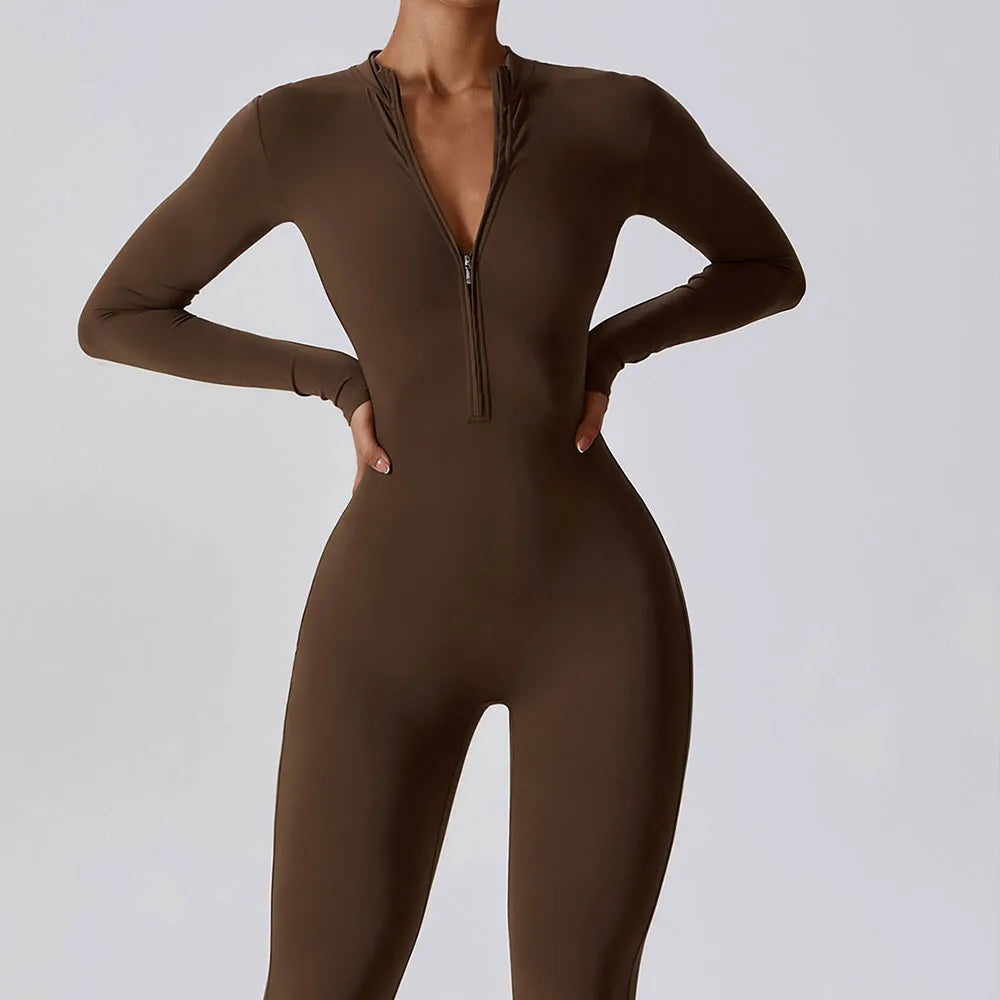 Women's Long Sleeve Yoga Jumpsuit - Zip Front Workout Bodysuit