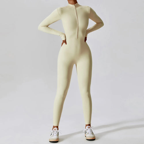 Women's Long Sleeve Yoga Jumpsuit - Zip Front Workout Bodysuit