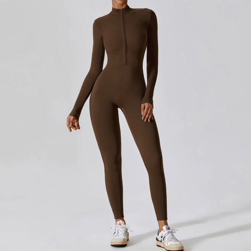 Women's Long Sleeve Yoga Jumpsuit - Zip Front Workout Bodysuit