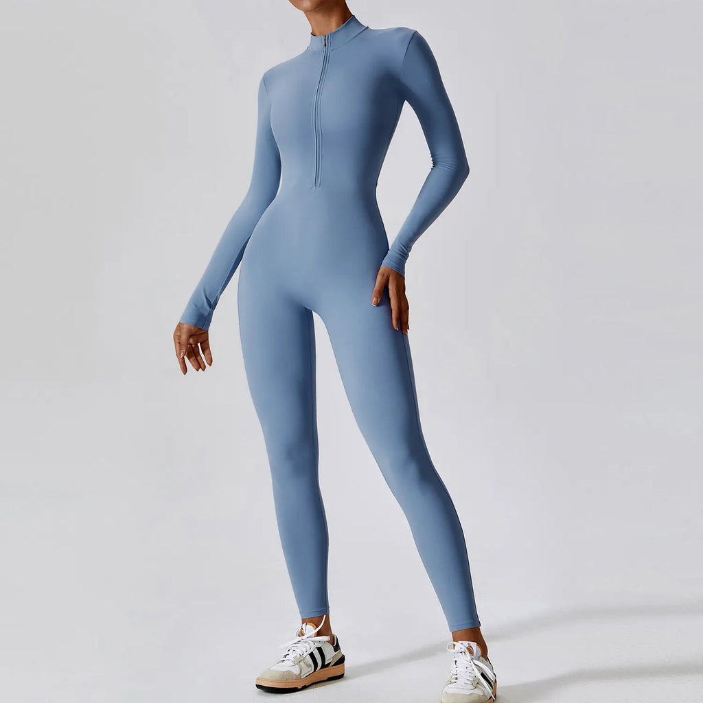 Women's Long Sleeve Yoga Jumpsuit - Zip Front Workout Bodysuit