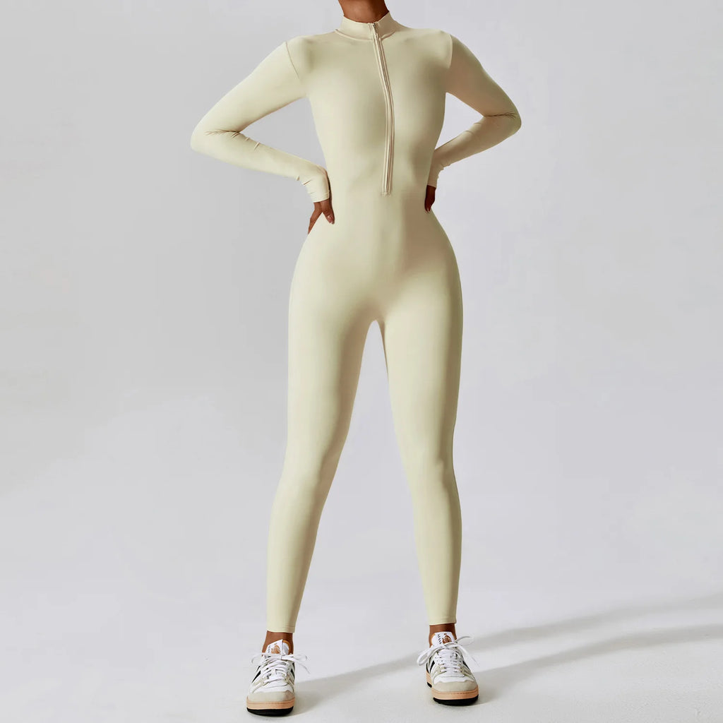 Women's Long Sleeve Yoga Jumpsuit - Zip Front Workout Bodysuit
