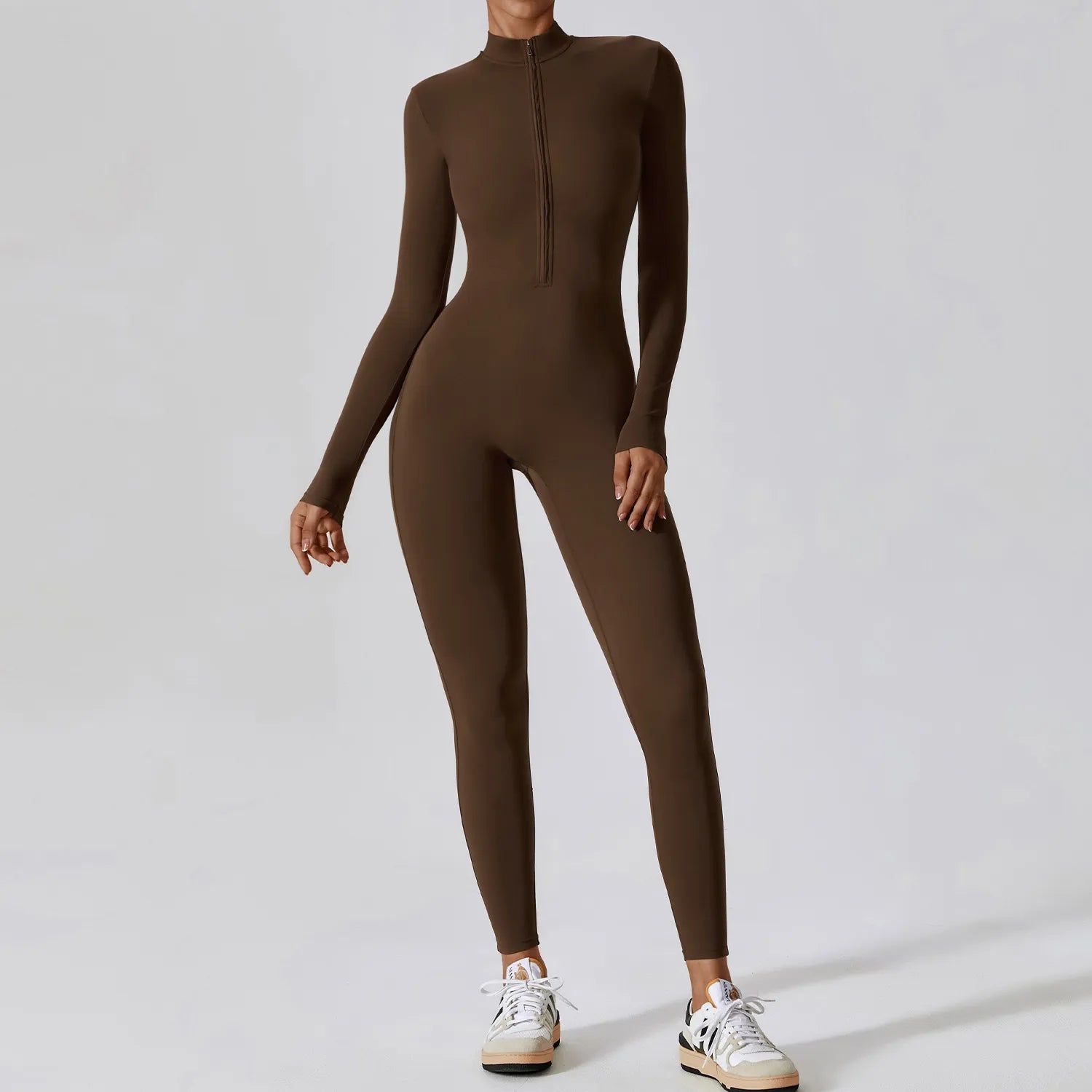 Women's Long Sleeve Yoga Jumpsuit - Zip Front Workout Bodysuit