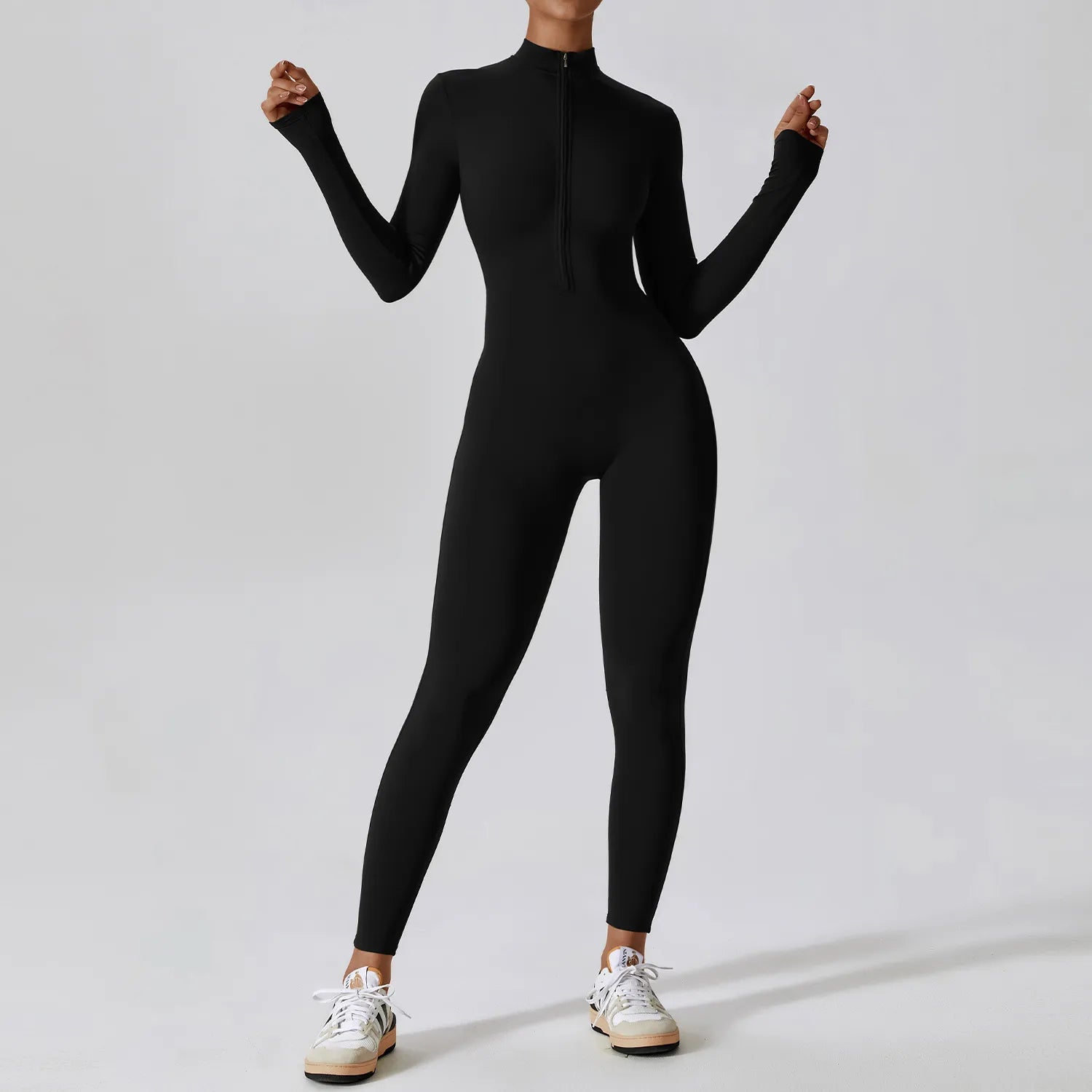 Women's Long Sleeve Yoga Jumpsuit - Zip Front Workout Bodysuit